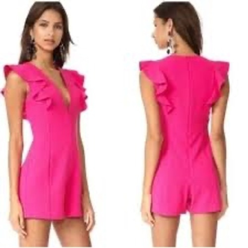 Black Halo Hot Pink Ruffle Sleeve Deep V-Neck Romper Fuchsia Size 2